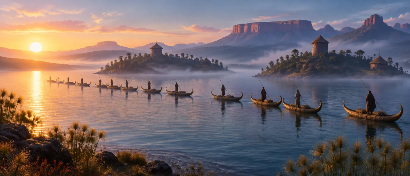 Selusin perahu papirus berhaluan melengkung meluncur berbaris di danau dataran tinggi saat fajar, kabut tipis, pulau berpondok bulat di kejauhan, matahari terbit di kiri.