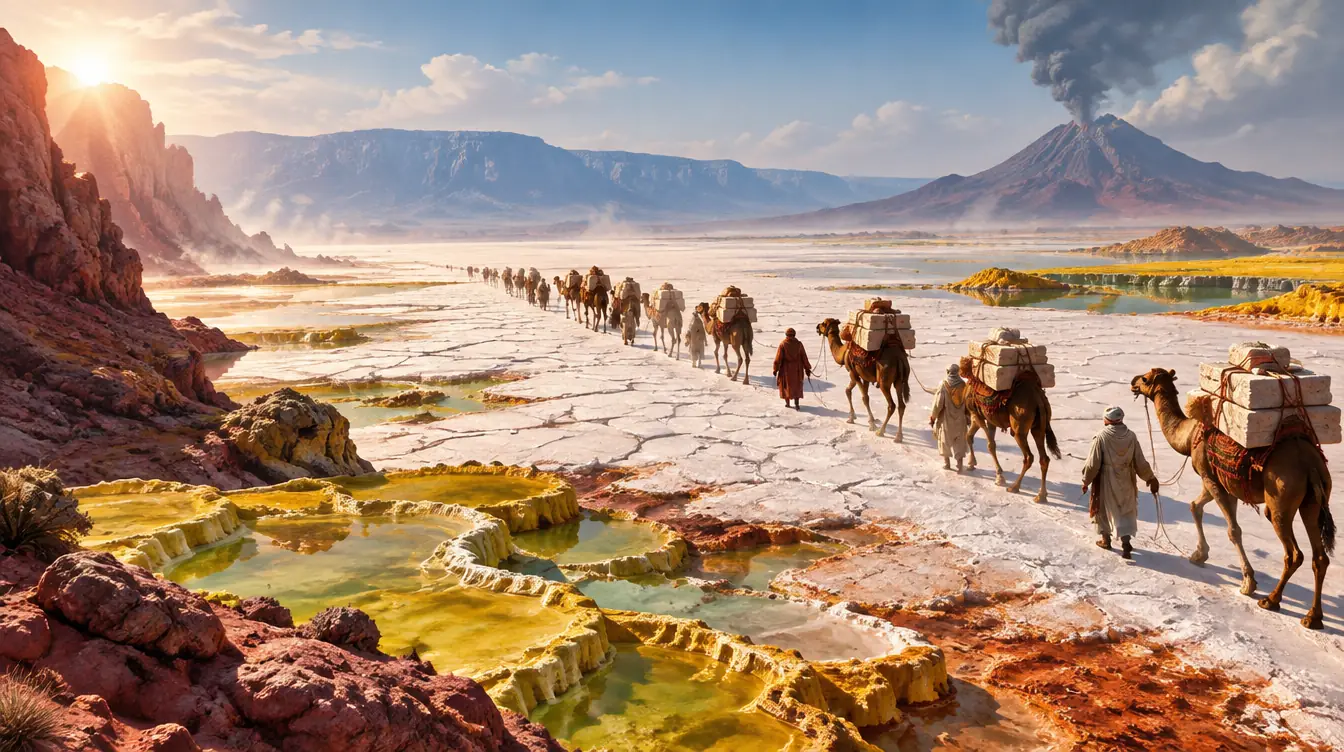 Dataran garam putih The Salt Danakil dengan kolam mineral kuning dan hijau, kafilah unta membawa lempeng garam, gunung berapi berasap di cakrawala.
