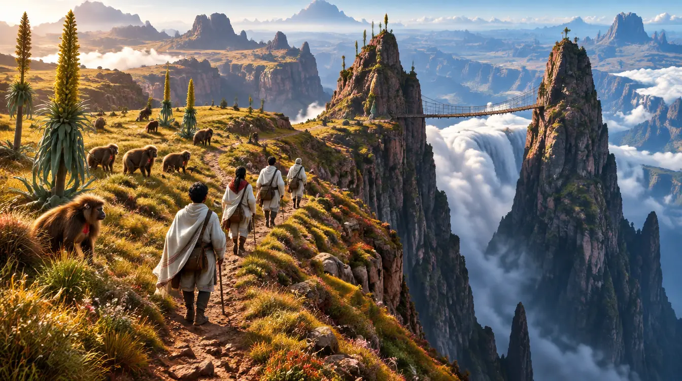 Tebing basal The Simien Wall menjulang di atas lautan awan, kawanan gelada merumput di bibir tebing, empat pengelana menuju jembatan tali.